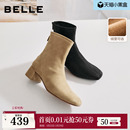 百丽画廊假日加绒时装 弹力靴反绒面粗高跟显瘦瘦短靴子BBWB1DZ5