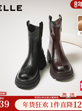 百丽复古加绒弹力靴女冬季新款厚底粗跟显瘦瘦靴短靴子E5E1DDZ5