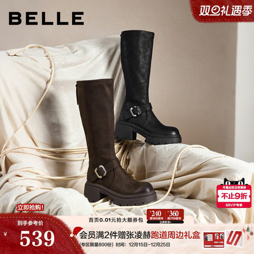 百丽复古高长弹力骑士靴女2025冬季新款粗跟显瘦长筒靴子E5H1DDG5