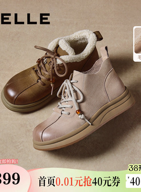 百丽女靴子英伦风厚底马丁靴冬款加绒棉鞋保暖休闲短靴E5D2DDD5