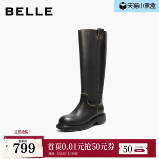 百丽复古真皮高长靴骑士靴女冬季 厚底显瘦长筒靴F2U1DDG5 新款