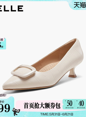 百丽羊皮黑色高跟单鞋女26春季新款通勤上班不累脚猫跟鞋子F1T1DA