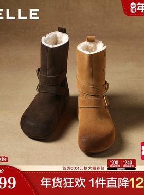 百丽复古双饰扣雪地靴女冬内增高加毛保暖休闲中靴F3E1DDZ5