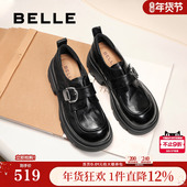 女复古英伦风黑色厚底增高单鞋 张凌赫推荐 百丽黑巧乐福小皮鞋 子