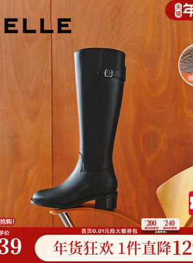 明星同款百丽女靴子冬季新款骑士靴加绒黑色长筒高长靴3KV71DG4