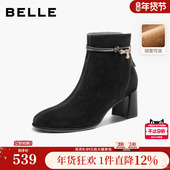 棉鞋 百丽显瘦超软羊皮时装 靴新款 粗高跟气质加绒低筒短靴E8K1DDD5