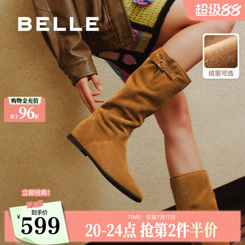 百丽女靴子复古西部靴堆堆靴加绒保暖冬季新款内增高筒靴E5Y1DDG5