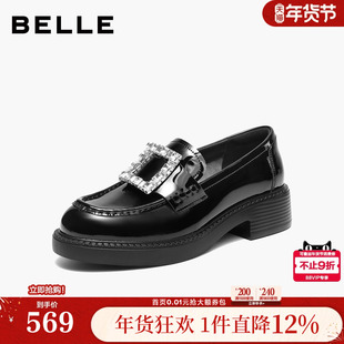 百丽璀璨乐福鞋厚底新款女鞋真皮方扣闪钻黑色小皮单鞋B3085AM6预