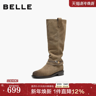 百丽复古堆堆靴西部靴女2025冬季 巴恩风高长筒靴子F2S1DDG5 新款