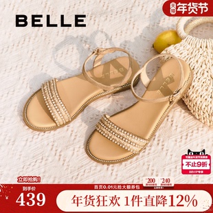 百丽一字带凉鞋女夏季新款法式绝美海边平底单鞋3CQ36BL5