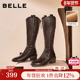 百丽显瘦V口尖头棕色高长加绒冬季 弹力靴新款 骑士长筒西部靴子
