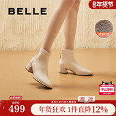 百丽女靴子超软羊皮显瘦短靴英伦风加绒粗高跟时装 靴3LI40DD4