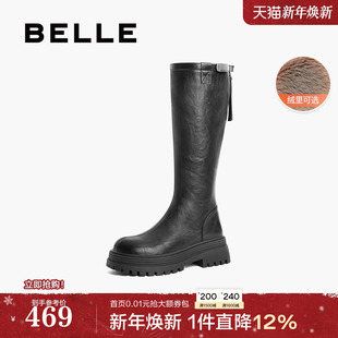 百丽女靴子加绒保暖弹力靴新款 长筒靴冬厚底高长骑士靴D3E1DDG4