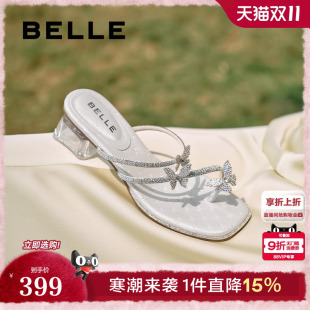 粗跟可外穿凉拖鞋 新款 D6E1DBT5 子小福蝶水钻夹脚拖夏季 百丽女鞋