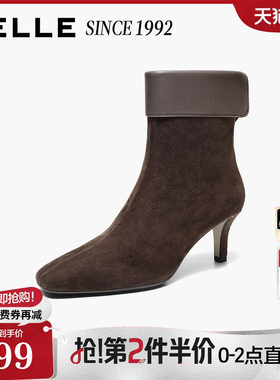 【92系列】百丽女靴绒面柔软羊皮时装靴26新款真皮细高跟显瘦短靴