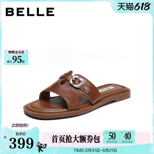 百丽质感皮带扣一字拖鞋女2026夏新商场同款舒适薄底拖鞋F3Z2DBT6