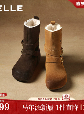 百丽复古双饰扣雪地靴女冬内增高加毛保暖休闲中靴F3E1DDZ5