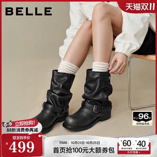 百丽堆堆西部裤管靴子黑色女26冬季新款圆头厚底小皮短筒靴B3491D