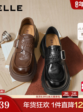 百丽复古厚底踩脚跟乐福JK鞋女春新款真皮黑色小皮鞋单鞋F2M1DAM6