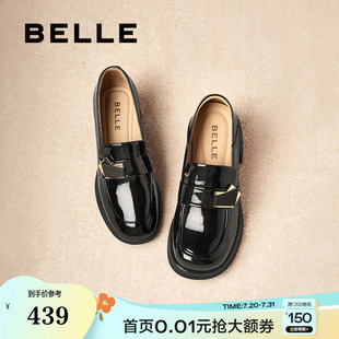 子D7E1DAA5 百丽粗高跟乐福鞋 女25春新款 一脚蹬黑色小皮鞋 单鞋