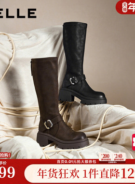 百丽复古高长弹力骑士靴女冬季新款粗跟显瘦长筒靴子E5H1DDG5