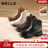 百丽复古时装 超软羊皮靴新款 加绒雪地靴显瘦粗高跟短靴E5S1DDD5