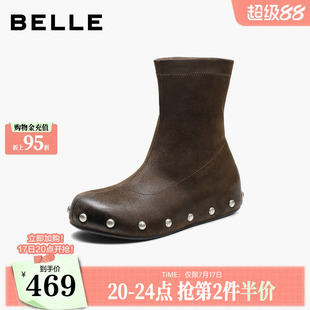 百丽铆钉西部弹力靴废土风靴女2026新款内增高短筒靴子B3281DD6