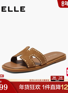 百丽女鞋子平底一字拖夏季新款真皮沙滩可外穿拖鞋B2612BT5