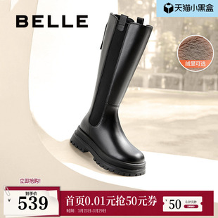 百丽厚底高长骑士靴女冬季 显瘦切尔西靴加绒长筒靴子3NV70DG4 新款