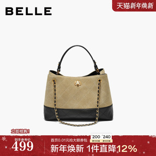 百丽包包女2025冬季 反绒麂皮小香风撞色单肩托特包F3055DX5 新款