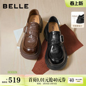 F2M1D预 单鞋 沈梦辰同款 百丽厚底增高踩脚跟乐福女真皮黑色小皮鞋