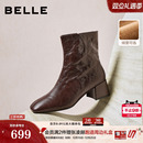显瘦粗高跟防滑短靴子F2Q1DDZ5 新款 百丽超软羊皮加绒时装 靴冬季