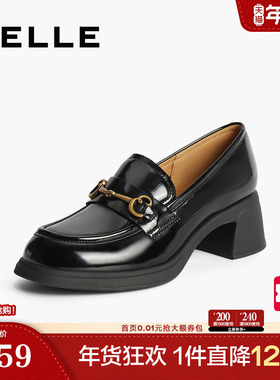 百丽女鞋子英伦通勤单鞋黑色小皮鞋马衔扣粗高跟乐福鞋3A625CA4