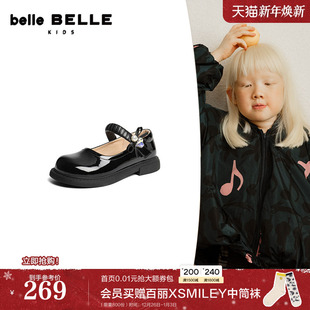 黑色皮鞋 百丽儿童公主小皮鞋 子新款 单鞋 V6101A86 蝴蝶结玛丽珍鞋