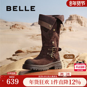 百丽荒野来信女靴子复古绒面西部靴女冬新款 堆堆靴高筒靴B2825D