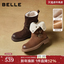 百丽复古厚底棕色西部堆堆靴女2025冬季 牛仔短靴子E7Z1DDZ5 新款