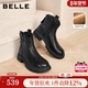 百丽复古时装 超软羊皮靴新款 加绒显瘦厚底粗高跟短靴子E5S1DDD5