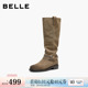 百丽复古堆堆靴西部靴女冬季 巴恩风高长筒靴子F2S1DDG5 新款