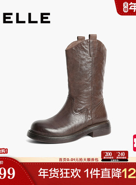 百丽复古西部牛仔靴女靴子新款冬季真皮显瘦瘦短靴B2395DG4