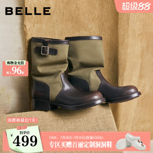 百丽帆布堆堆西部靴女2026夏季棕色靴子商场款户外休闲短靴G2H1DD