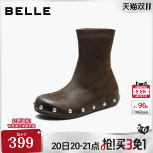 百丽铆钉西部弹力靴废土风靴女2026新款内增高短筒靴子B3281DD6