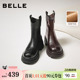 百丽复古加绒弹力靴女冬季 厚底粗跟显瘦瘦靴短靴子E5E1DDZ5 新款