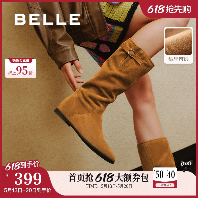 百丽女靴子复古西部靴堆堆靴加绒保暖冬季新款内增高筒靴E5Y1DD