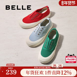 百丽免系带厚底红色帆布鞋女新款红色休闲运动小白板鞋子B2747CM5