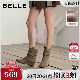 内增高4CM百丽加绒西部靴女2026冬新款显瘦堆堆美拉德短靴子G4G1D