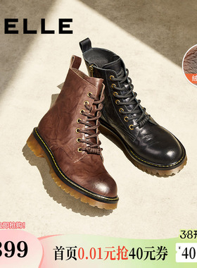 百丽女靴子复古马丁靴新款冬季英伦风真皮皱皮加绒短靴D3D1DDD4