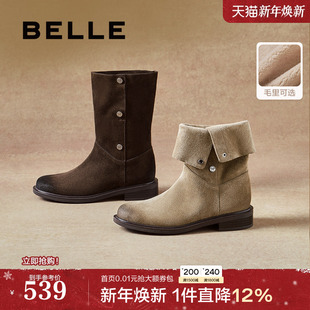 百丽荒野来信加绒西部牛仔靴女2025冬季 短筒雪地靴子3QF66DS5 新款