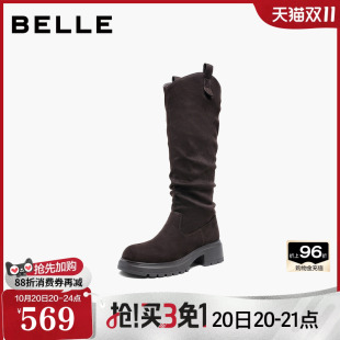 百丽复古高长骑士弹力靴女2026新款显瘦瘦堆堆厚底长筒靴子G5W1D