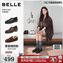 章若楠同款百丽海鸥褶皱乐福单鞋女26新款粗高跟黑色豆豆牛皮鞋子