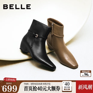 百丽柔软羊皮时装靴高跟女靴2026冬季新款真皮内增高短靴G4Q1DDD6